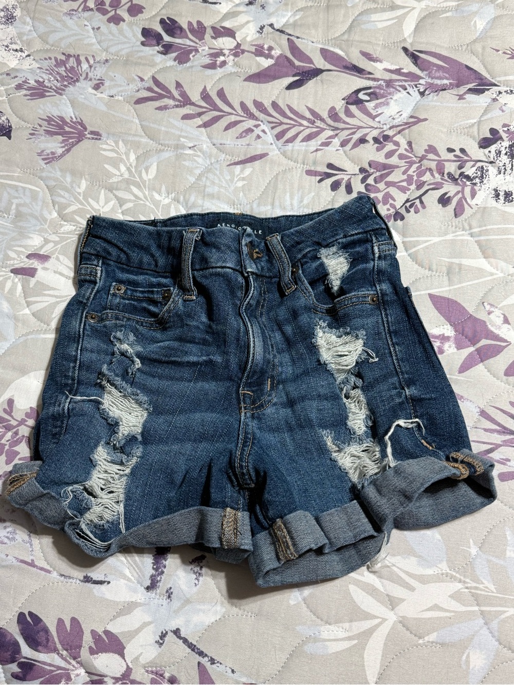 Aeropostale Dark Blue Distressed Rolled Cuff Jean Shorts